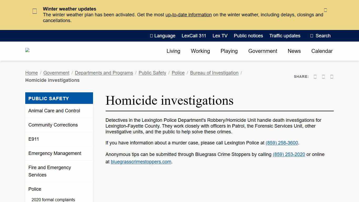 Homicide investigations City of Lexington, Kentucky